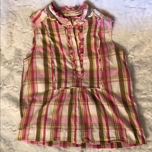THRE3 Multi Color Plaid 1/2 Button Down Ruffle Sleeveless Blouse Large